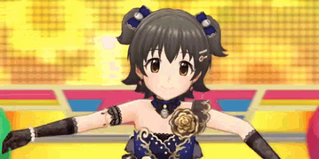 a little girl in a blue dress and black gloves is dancing on a stage .