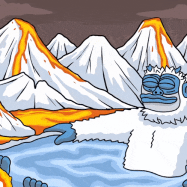 a cartoon of a yeti laying in a pool of water with mountains in the background