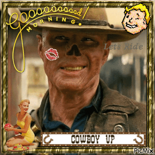 a man in a cowboy hat with a skull on his face