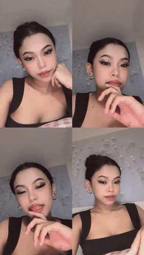a collage of four photos of a woman in a black tank top and earrings