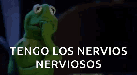 kermit the frog is covering his mouth with his hand and says `` tengo los nervios nerviosos '' in spanish .