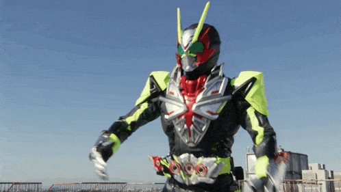a man in a superhero costume is standing on a rooftop with his arms outstretched