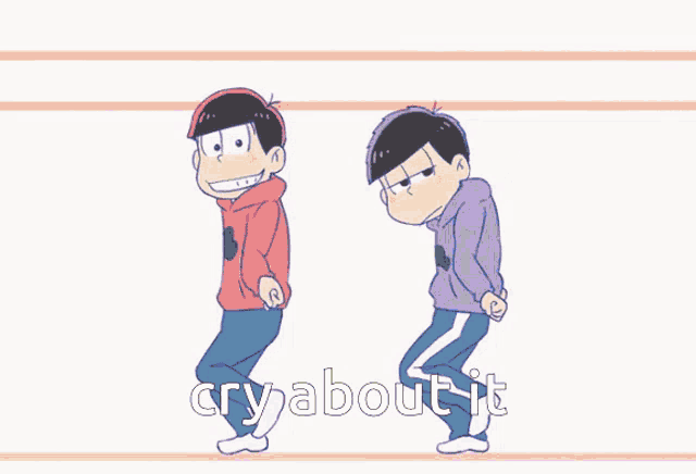 a cartoon of two boys jumping with the words cry about it below them