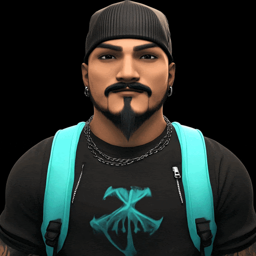 a man with a beard and mustache wears a black shirt with a cross on it