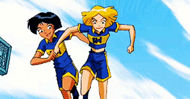 two cartoon characters are running together and one has the letter h on her shirt .