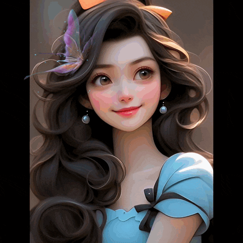 a girl in a blue dress with a butterfly on her hair