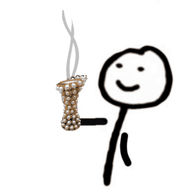 a stick figure is holding a cup of coffee with pearls on it