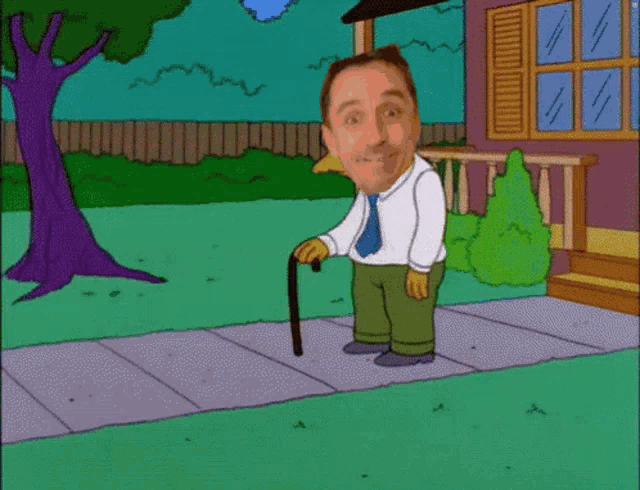 a cartoon of a man with a cane holding a football in front of a house