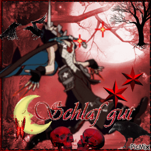 a picture of a witch with skulls and the words schlaf gut on it