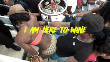 a group of people on a boat with the words " i am here to wine "
