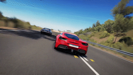a red sports car is driving down a road with a black car in the background