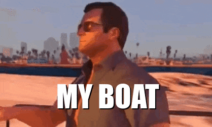 a man wearing sunglasses is standing in front of a body of water with the words my boat written on it