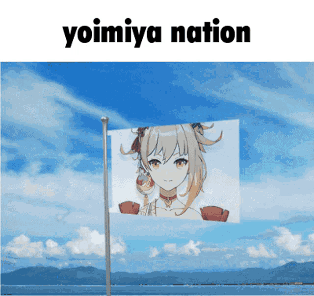 a picture of a girl on a flag with the words yoimiya nation below it