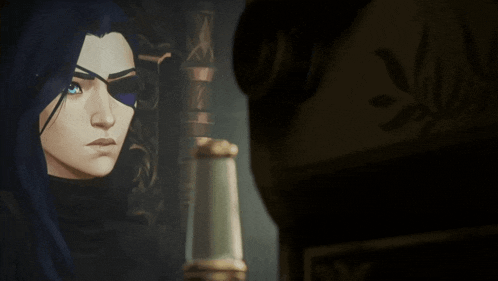a woman with blue hair and a blue eye patch