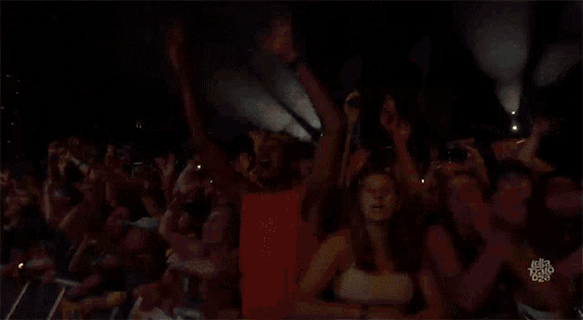 a crowd of people cheering with their arms in the air at a concert