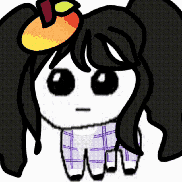 a cartoon drawing of a girl with pigtails and an apple on her hair