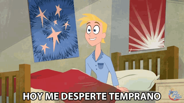 a cartoon of a boy standing next to a bed with the words hoy me desperte temprano below him