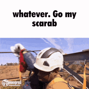 a man wearing a hard hat with the words whatever go my scarab above him
