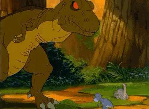 two cartoon dinosaurs are standing next to each other on a dirt road