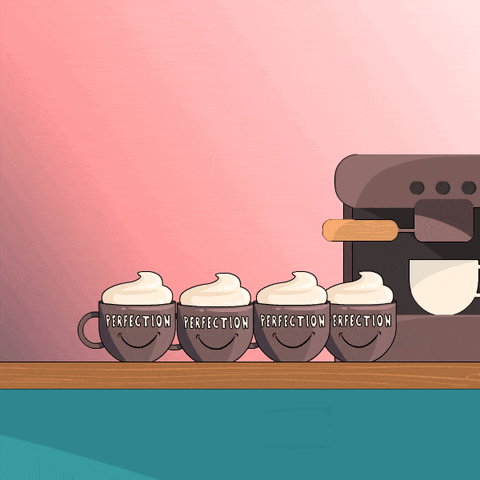 a cartoon illustration of four cups of coffee with perfection written on them