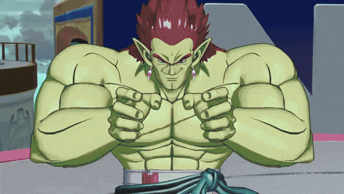 a cartoon character with green muscles and red hair is pointing at the camera