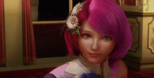 a cartoon girl with pink hair and a flower in her hair is sitting in front of a window .
