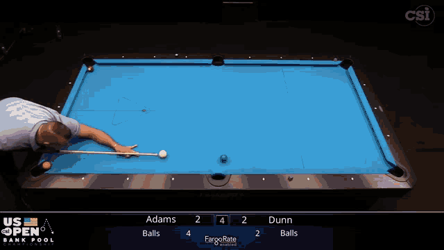 a pool table with a scoreboard that says adams 2 dunn 4