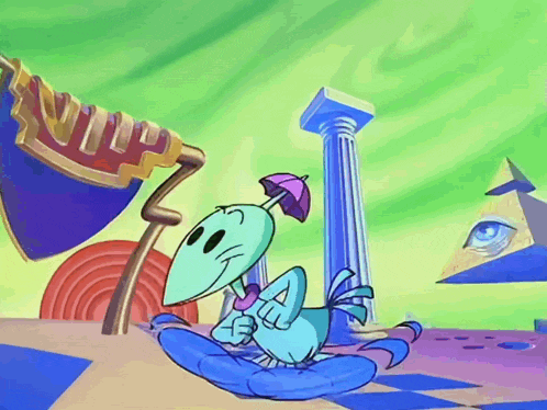 a cartoon character is holding an umbrella in front of a building