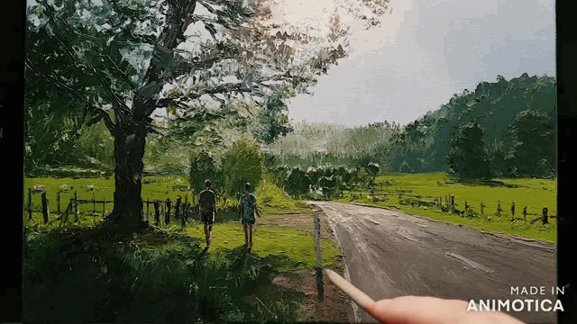 a painting of two people walking down a road is made in animonica