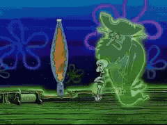 a cartoon of spongebob and a green ghost
