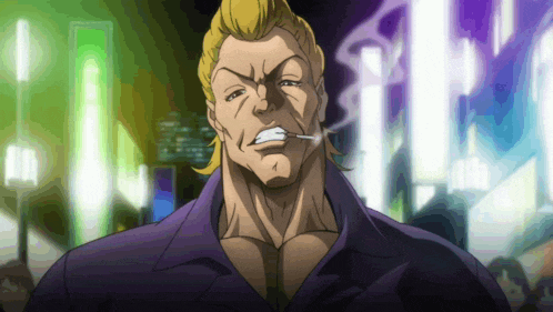 a man in a purple shirt is smoking a cigarette and looking at the camera