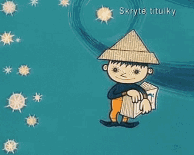 a cartoon character is holding a triangle and a box in his hand .