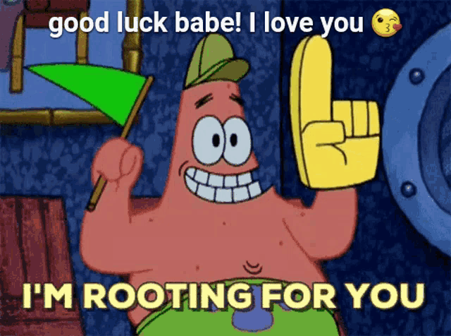 patrick star from spongebob squarepants holding a green flag and a yellow finger
