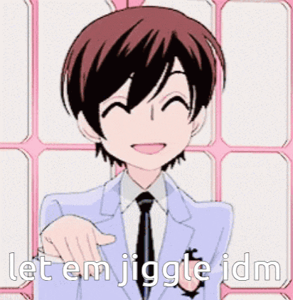 a cartoon of a boy in a suit and tie pointing at the camera with the words let em jiggle idm below him