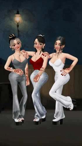 three cartoon girls are posing for a picture together