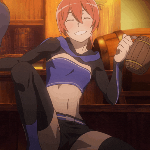 a girl with red hair is smiling while holding a beer barrel