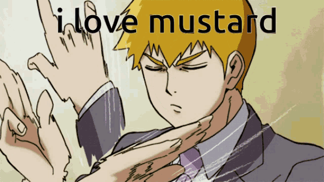 a cartoon of a man in a suit and tie with the words i love mustard above him
