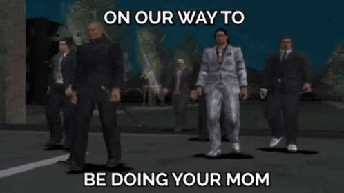 a group of men are walking down a street with the words on our way to be doing your mom below them