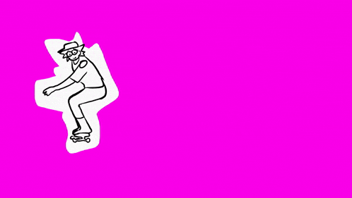 a black and white drawing of a person riding a skateboard with a pink background