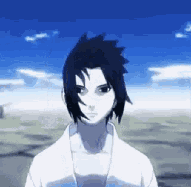 sasuke uchiha from naruto is standing in front of a blue sky in a field .