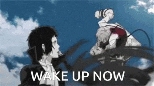 a man and a woman are standing next to each other and the words wake up now are on the bottom .