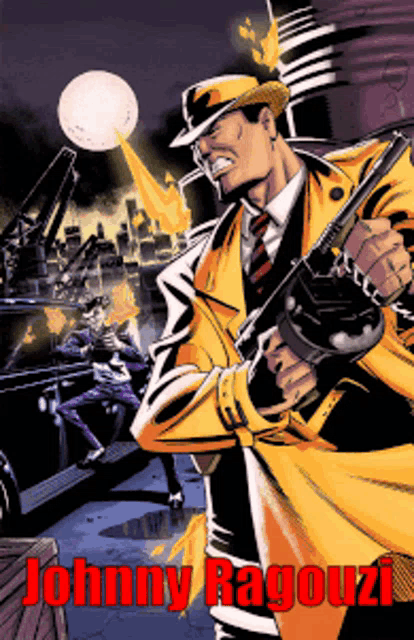 a cartoon of a man holding a gun with the name johnny bagozzi on the bottom