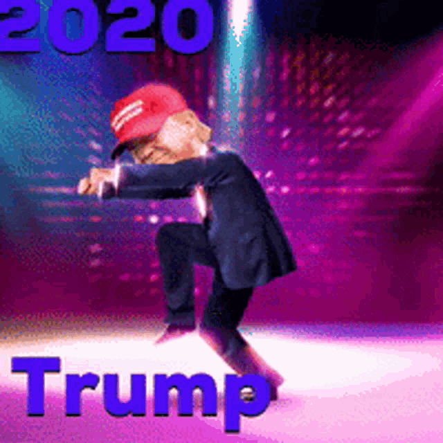 a cartoon of donald trump dancing on a stage with the year 2020 behind him