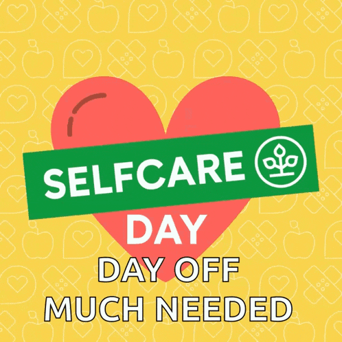 a poster for selfcare day with a red heart on a yellow background