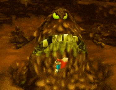 a cartoon fox is standing in front of a monster with its mouth open