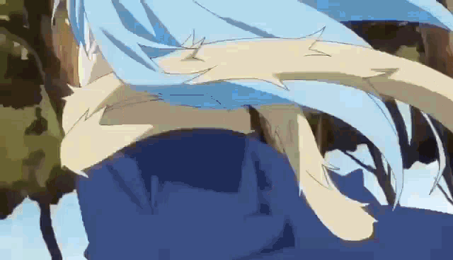 a close up of a cartoon character with blue hair and a tail .