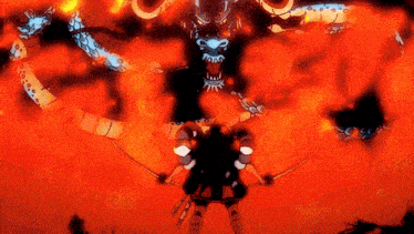 a samurai is holding a sword in front of a dragon in a fire .