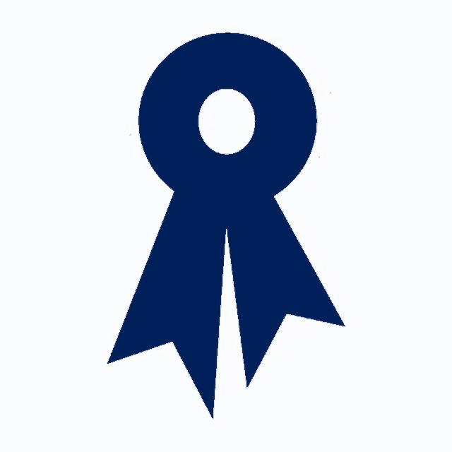 a blue ribbon with a white circle in the middle