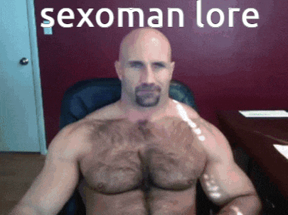 a shirtless man sits in a chair with the words sexoman lore written on the wall behind him