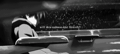a black and white photo of a man in a car with the words will this sadness last forever